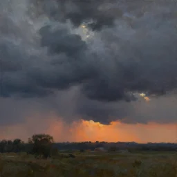 a realistic oil painting of stormy skies at sunrise