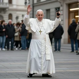 the pope in the streets of austria, in the saturday night fever dancing pose, taken on go pro hero8