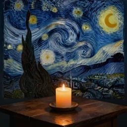 candle in the dark, lit on a candle holder, on a wooden table, in the dark, painted by Vincent van Gogh
