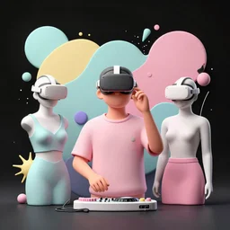 3 d matte render, vr goggles, mannequins, dj rave party, hsiao - ron cheng, pastel colors, hyper - realism, pastel, polkadots, minimal, simplistic, amazing composition, vaporwave, wow, gertrude abercrombie, beeple, minimalistic graffiti masterpiece, minimalism, 3 d abstract render overlayed, black background, psychedelic therapy, trending on artstation, ink splatters, pen lines, incredible detail, creative, positive energy, happy, unique, negative space, pure imagination painted by artgerm