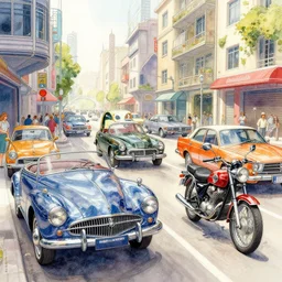 a hiper intricate watercolor of a beautifull low angle wide shot, street scene, retro futuristic vintage shiny polished traffic mainly cars and motorcycles, extremely detailed, sharp focus, wide view, smooth, digital illustration, colorfull, by william turner art, by greg rutowski, by carl larson, by edmund dulac