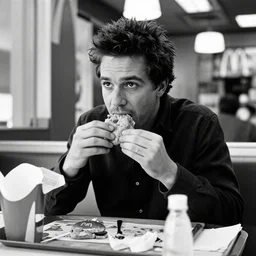 joe rogan eating at a macdonalds restaurant, black and white photo by dianne arbus