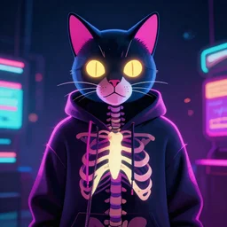 cat skeleton in hoodie, portrait, vaporwave, synthwave, neon, vector graphics, cinematic, volumetric lighting, f 8 aperture, cinematic eastman 5 3 8 4 film, photorealistic