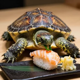 a photo of a turtle eating sushi