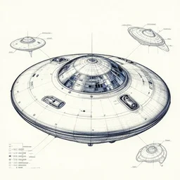 a highly detailed technical schematic, blue - print, of a ufo propulsion system