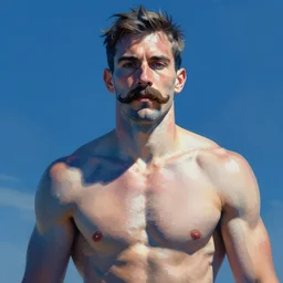 portrait of crossfiter guillaume briant upper part of the body, powerful, musculated, he got a big french musctache, by aenaluck, artgerm and roberto ferri and greg rutkowski, blue and white tones, digital painting, artstation, concept art, smooth, sharp foccus ilustration hq