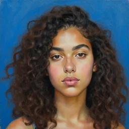 three quarter close up portrait painting of a young latina woman with curly hair, blue background, by kehinde wiley