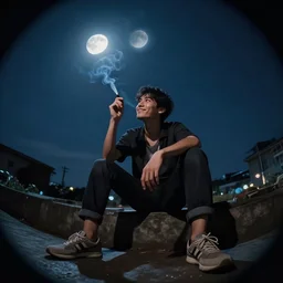 man sitting at night, smoking and looking at the moon smiling, wide angle fisheye lens, lens flare, unreal engine render