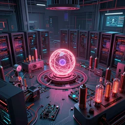 an immaculate vaporwave octane redshift render of the nexus between a vast modern computing center and an alchemist's lab with exposed circuit boards, nixie tubes and tesla coils by Zdzisław Beksiński and beeple, beautiful modern colors, ultradetailed, 4k ultra