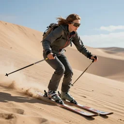 a photorealistic of jane seymour skiing on a sand dune. cinematic lighting, accurate face, illuminated scene. this 4 k hd image is trending on artstation, featured on behance, well - rendered, extra crisp, features intricate detail, epic composition and the style of unreal engine.