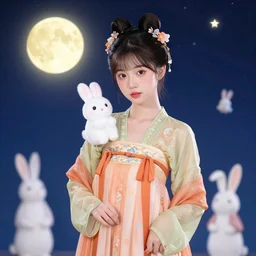 a girl in han chinese clothing with cartoon rabbit, moon night with stars background completely render poster, polished by gediminas pranckevicius and james gilleard and ruan jia and artgerm