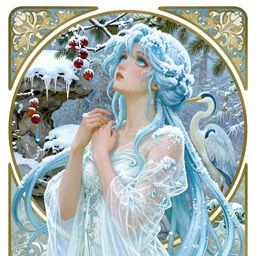 goddess of winter in a zen garden, by Peter Kemp, sad expression but upward gaze, ice blue eyes and light blue anime hair, glamorous hairstyle, frost clings to her skin, wearing translucent white and ice blue Enjolras fashion, lost in the moment, winter, art nouveau, ice clings to the rock garden by Brian Froud, frozen tear, berries, a heron, evergreen branches, white, ice blue, frost on the canvas, baroque border illumination by Alphonse Mucha