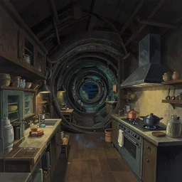 naive nerikomi, weird perspective, cel shading, detailed illustration of a dark kitchen, dim lit, in a scenic spiral by anton fadeev ghibli, trending artstation