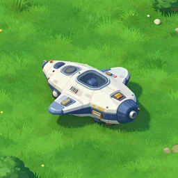 a small spaceship that needs repaired, on a grass field, cyberpunk setting, from a point and click 2 d graphic adventure game, set design inspired slightly by tomb raider, art inspired by [ [ [ [ thomas kinkade ] ] ] ] and mark keathley