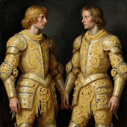 siamese twins made of spaghetti, intricate and elegant armor made of fractals of spagetthi, highly detailed, by giuseppe arcimboldo and ambrosius benson, renaissance, romanticism, intricate and intense oil paint, a touch of beksinski and takato yamamoto, realistic, full scale
