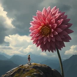 giant dahlia flower head, girl walking on mountain, surreal photography, grey storm clouds, dramatic light, impressionist painting, digital painting, artstation, simon stalenhag