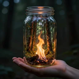 glass jar with a burning forest inside, standing on a giant hand, bokeh, dark background, dramatic lighting, hyperrealistic, volumentric lighting, highly detailed, reflections, refractions