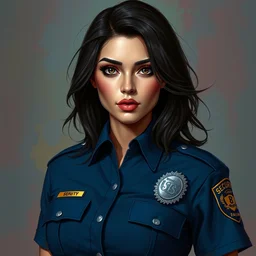 colorful portrait of gorgeous brunette in security uniform, by mark brooks and charlie bowater