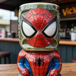 a closeup photorealistic capture of glossy spider man style tiki mug at an outdoor trader vic's bar featuring the face of spider man. tiki theme. bright scene. fine detail. this 4 k hd image is trending on artstation, featured on behance, well - rendered, extra crisp, features intricate detail, epic composition and the style of unreal engine.