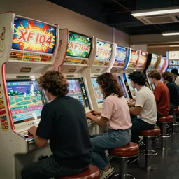 A photograph from the 80's of a busy arcade, XF IQ4, 150MP, 50mm, F1.4, ISO 200, 1/160s, natural light
