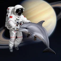 dolphin in astronaut suit near saturn