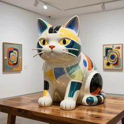 beautiful gallery show studio photograph of a giant realistic curvy ceramic sculpture of grumpy cat!!!!!, glazed by bridget riley and victor vasarely, placed on a polished wooden table, colorful hyperrealism 8 k trending on artstation