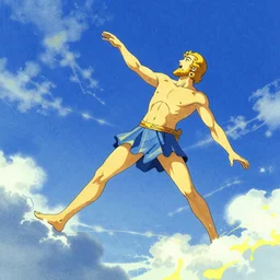 Sisyphus from Greek mythology falling from the sky, anime,mainly blue with some yellow, abstract