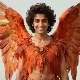 close up portrait, smiling avan jogia as an angel, large wings, orange red feathers, alphonse mucha, rhads, ross tran, artstation, artgerm, octane render, 1 6 k