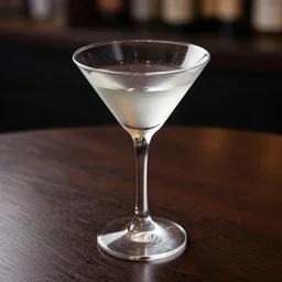 photo of a martini glass on a dark wodden table in a club at night, lit by an overhead lamp, caustics from the light refracts on the table, smokey cinematic lighiting, gold and blue color graded