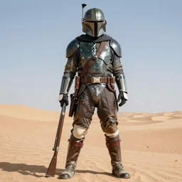 A hyperdetailed award winning masterpiece full body shot of a Mandalorian posing with his rifle in the desert