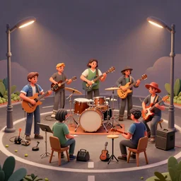 a study of cell shaded cartoon of music band playing music street lamps, road, illustration, wide shot, subtle colors, post grunge, concept art by josan gonzales and wlop, by james jean, Victo ngai, David Rubín, Mike Mignola, Laurie Greasley, highly detailed, sharp focus, Trending on Artstation, HQ, deviantart, art by artgem