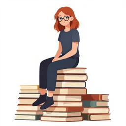 a young woman with red hair and glasses sits on top of a tall pile of books. clean cel shaded vector art, beautiful detailed face. shutterstock. behance hd by artgerm, helen huang, by makoto shinkai and lois van baarle, ilya kuvshinov, rossdraws, illustration, art by ilya kuvshinov