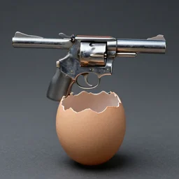 a revolver hatching from an egg.