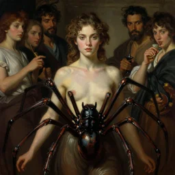 a human girl with the body of a spider, by wayne barlowe, by gustav moreau, by goward, by gaston bussiere, by roberto ferri, by santiago caruso, by luis ricardo falero, by austin osman spare, by saturno butto
