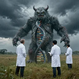 in a field, two scientists in lab coats encounter a monster shaped like the DNA double helix, stormy weather, by Rob Gonsalves, faster, darker, more intense