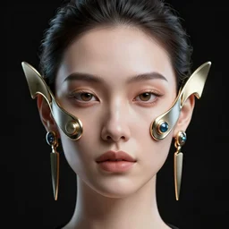 hyper detailed symmetrical 8 k octane render portrait of a woman wearing futuristic abstract facial jewellery. black background.