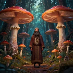 psychedelic forest with large mushrooms, mystical, digital art, rich colors, elegant, shaman n - 9