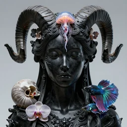 goddess princess face close-up portrait ram skull. sculpture made of black obsidian. jellyfish phoenix head, nautilus, orchid, skull, betta fish, bioluminiscent creatures, intricate artwork by Tooth Wu and wlop and beeple. octane render, trending on artstation, greg rutkowski very coherent symmetrical artwork. cinematic, hyper realism, high detail, octane render, 8k