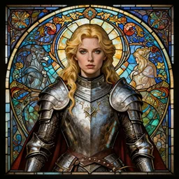 masterpiece head-on symmetrical centered portrait, Elisha Cuthbert as a RPG warrior, fully armoured, blonde hair, complex stained glass art nouveau, Gloomhaven, gothic, victorian, elegant, dramatic, high quality, in the style of Edgar Maxence and Ross Tran and Zdzisław Beksiński and Gustave Doré and Michael Whelan and H.R. Giger and Ian Miller and Mucha, specular highlights, 8k