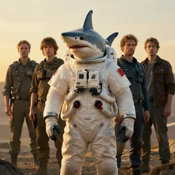 shark - headed cosmonaut, proudly posing for a portrait, greg rutkowski, rhads, ferdinand knab, makoto shinkaib and lois van baarle, ilya kuvshinov, rossdraws, tom bagshaw, global illumination, intricate, detailed, atmospheric lighting, golden hour.