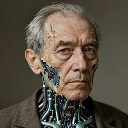portrait of old man, skin peeling to reveal robotic circuitry, wires, art by ryo shiotani and greg rutkowski, intricate, beautiful, portrait photography, cinematic lighting, vintage art by serge ivanoff, high resolution, very detailed
