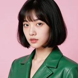 ektachrome, 3 5 mm, highly detailed : incredibly realistic, youthful asian demure, perfect features, feminine cut, beautiful three point perspective extreme closeup 3 / 4 portrait photo in chiaroscuro style 1 9 7 0 s frontiers in flight green leather suit cosplay vogue fashion edition, nick night, show studio, pink backdrop