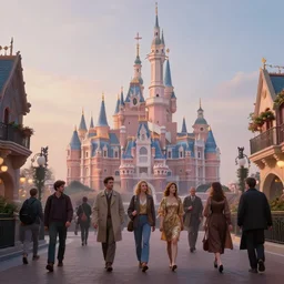 a street with disney castle in the background, misty evening, fantasy art, highly detailed matte painting, low angle view, telephoto lens 2 0 0 mm, by stanley artgerm lau, greg rutkowski, thomas kinkade, alphonse mucha, loish, norman rockwell, artstation