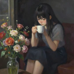 kunkka enjoying coffee sad and alone in a dark room, near a bunch of flowers. pixiv, masterpiece, wlop, oil painting, ranked on artstation