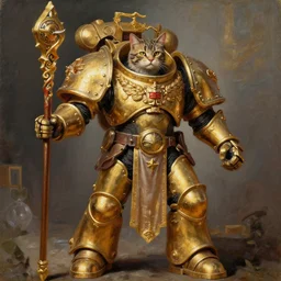 an oil painting of a cat as the emperor of Mankind from the Warhammer 40k, Warhammer 40k, golden armour, glorious, cinematic