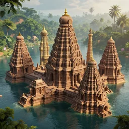 4 k unreal engine render of an ancient never seen before indian high detail temple islands. complex architecture with intricate pilars. high detailed water. jungle background. afternoon light. hyper realistic render, trending on art station
