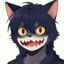 A portrait of an anime catboy with dark hair and shark teeth