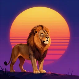 lion watching retrowave vintage sunset, big round sun, synthwave, neon, digital painting, artstation