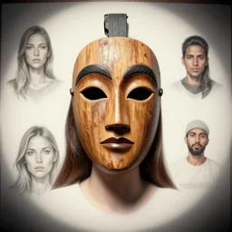 woman with wooden mask design, character sheet, Greg Rutkowski, Zabrocki, Karlkka, Jayison Devadas, trending on Artstation, 8K, ultra wide angle, zenith view, pincushion lens effect