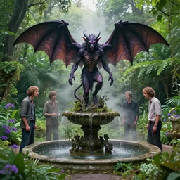 a tar demon worshipping a satanic altar atop a fountain in a lush dense verdant garden by tim doyle and victo ngai and dan mumford and james gilleard, bat wings, mist, hyperrealism, volumetric lighting, god rays, ultrafine details, sfumato, purple flowers, overgrown